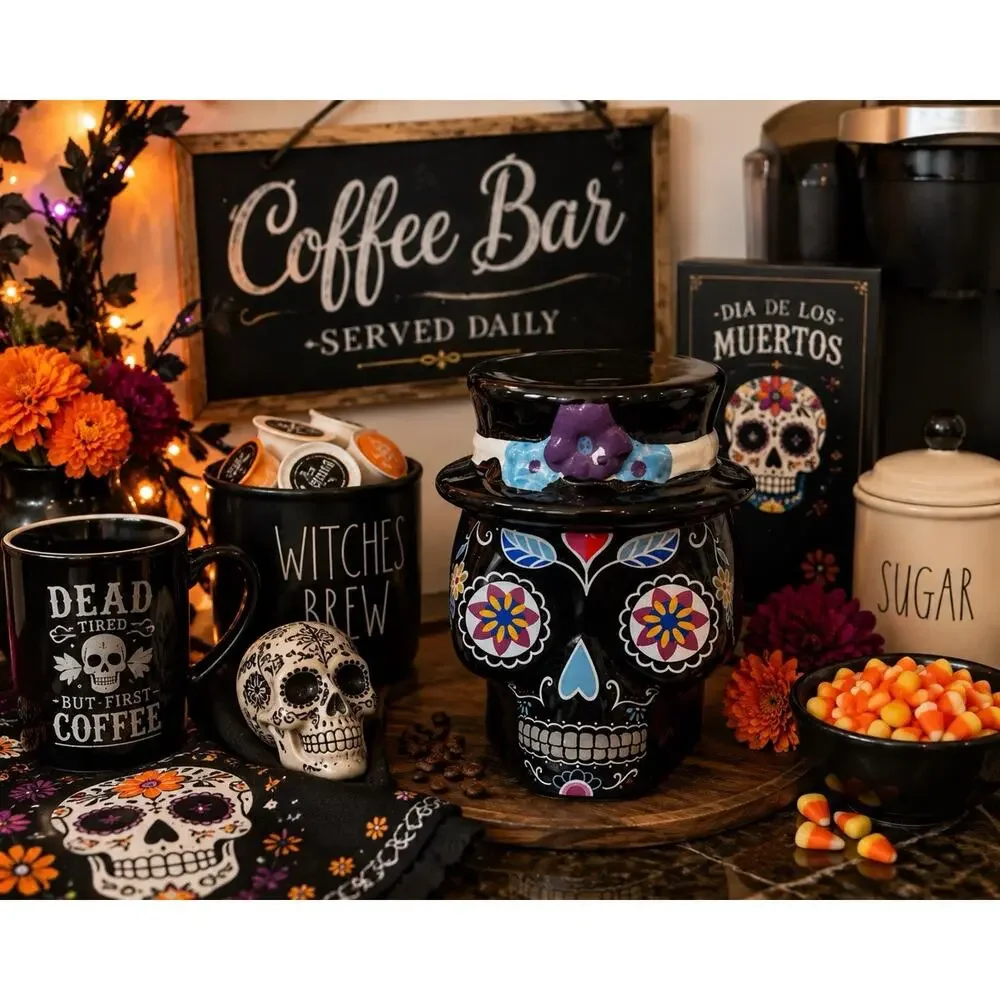 Dia De Los Muertos Sugar Skull Ceramic Canister Jar w/ Lid Top Hat Unused